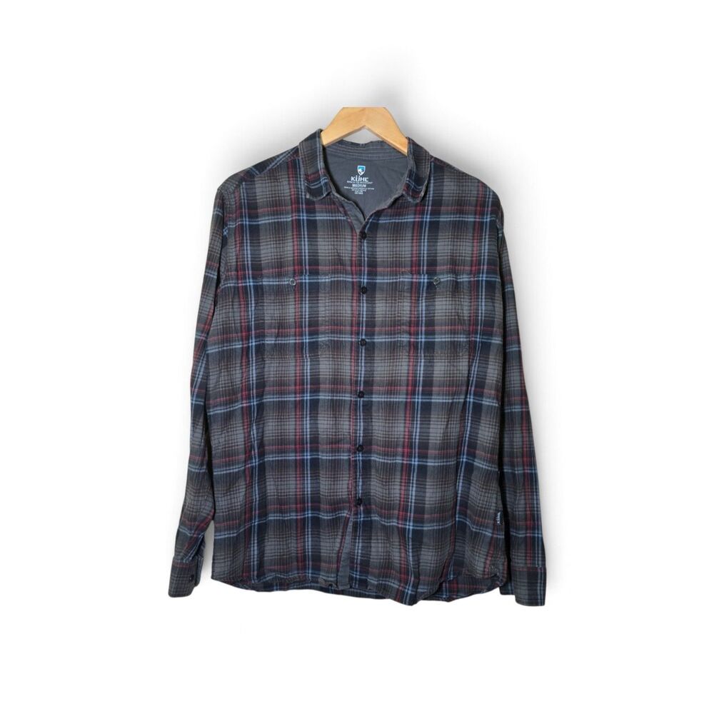 Kuhl Mens Medium Long Sleeve Plaid Flannel Button Up Shirt Gray Blue Red